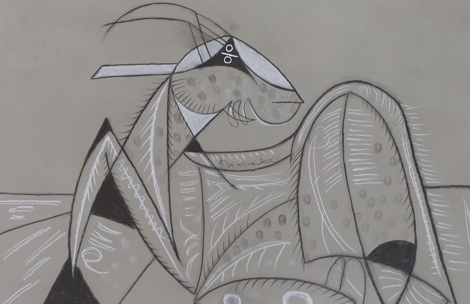 Dinnet?, charcoal and chalk, Cubist study of a gazelle, signed and numbered 202, 58 x 82cm